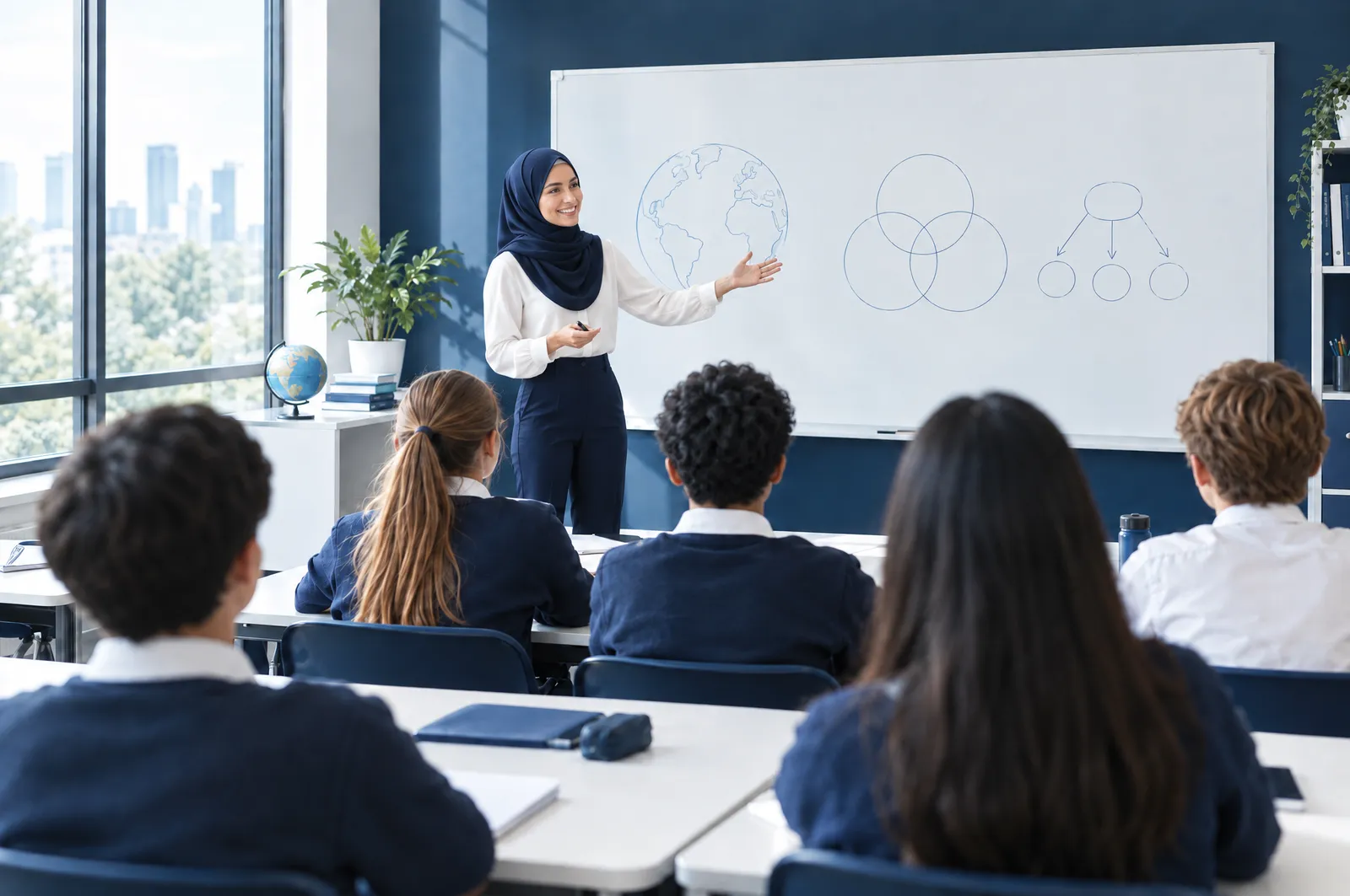 A teacher in a navy hijab leading a lesson in a bright international school classroom